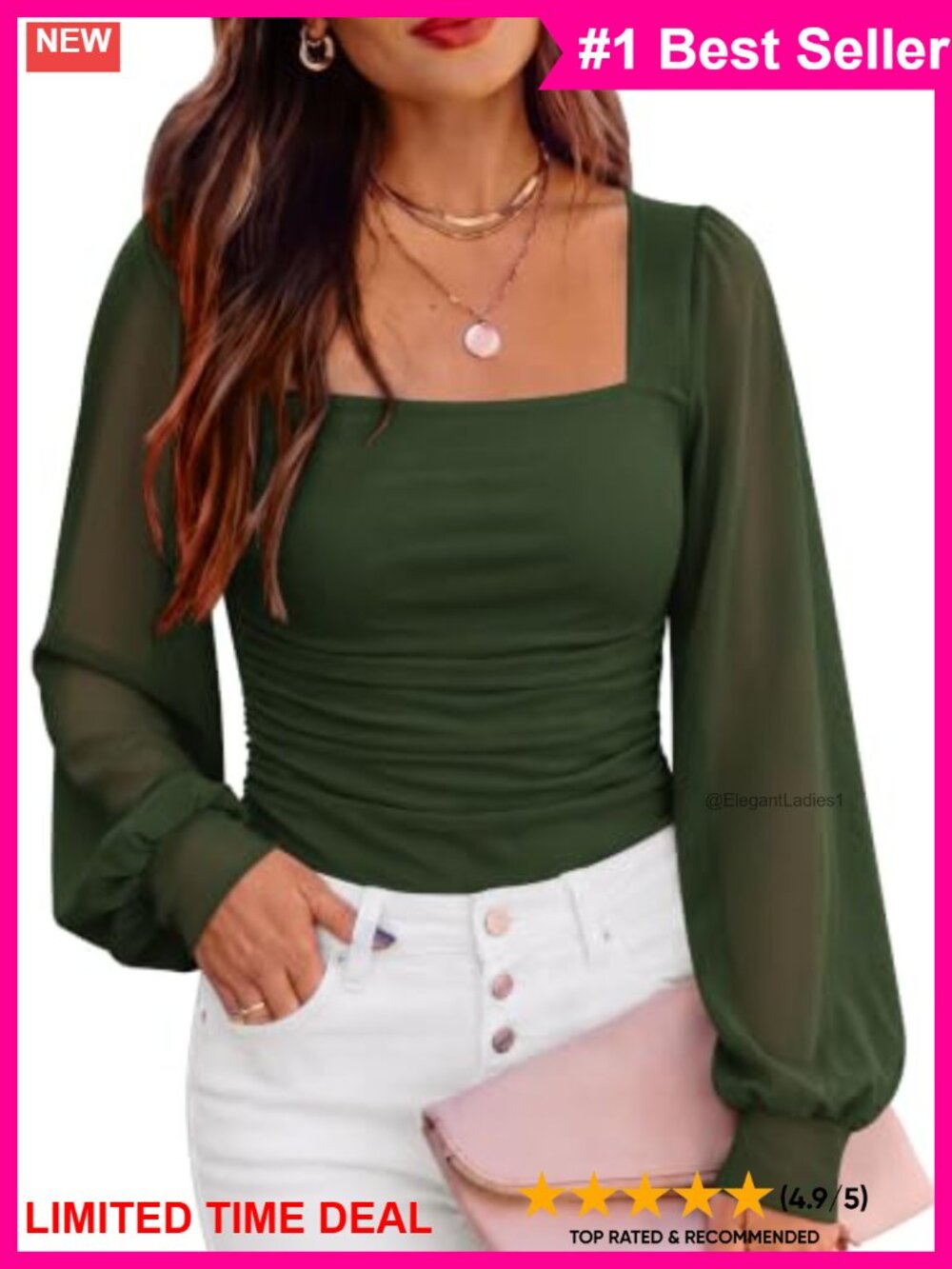 Mesh Long Puff Sleeve Square Neck Top Slim Fit Dressy Casual Blouse
